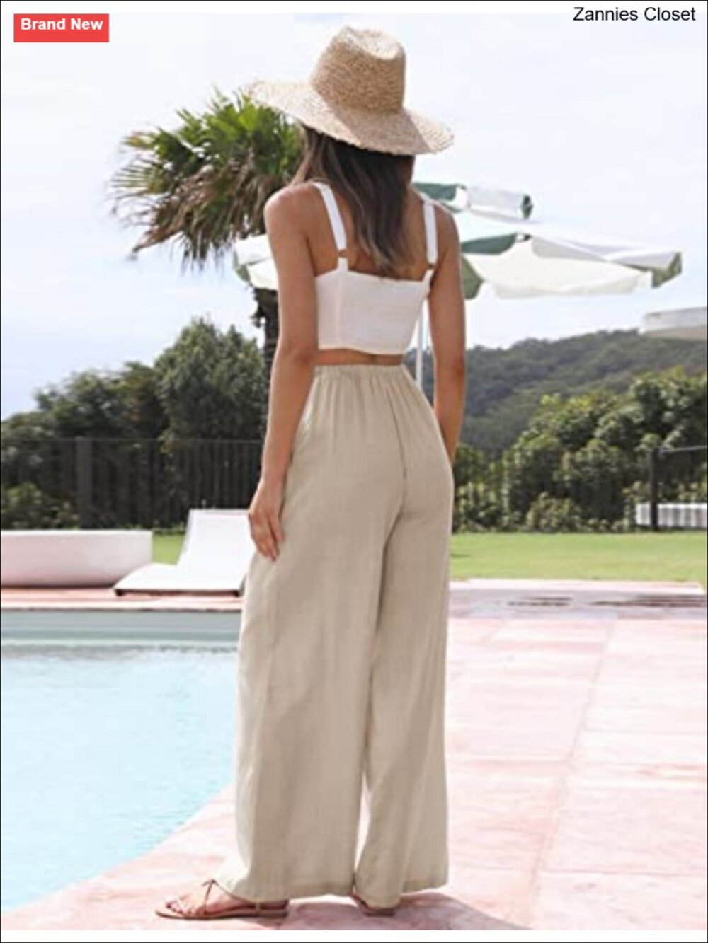 Faleave Cotton Linen Palazzo Pants Wide Leg Flowy Beach Trousers with Pockets - Picture 5 of 6